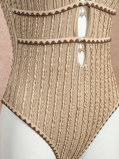 Swim Vcay 2026 New Spring/Summer Women's Style Halter Neck One-Piece Swimsuit, Hollow-Out Textured Design For Beach Holiday Casual Wear