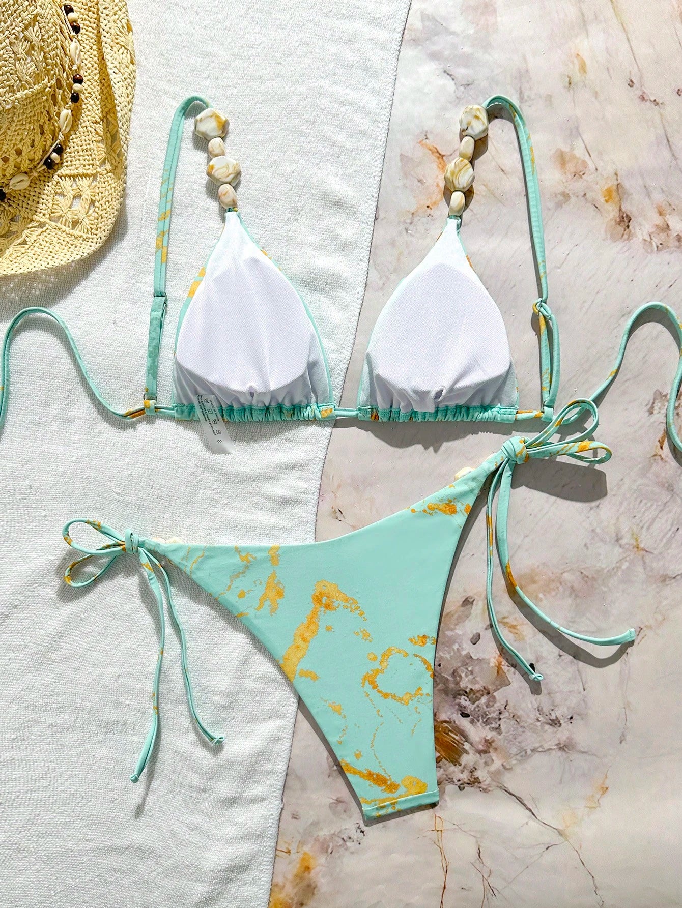 Swim Vcay 2026 New Women's Summer Beach Vacation Elegant Marble Print Beaded Spaghetti Strap Backless Sexy Bikini Set