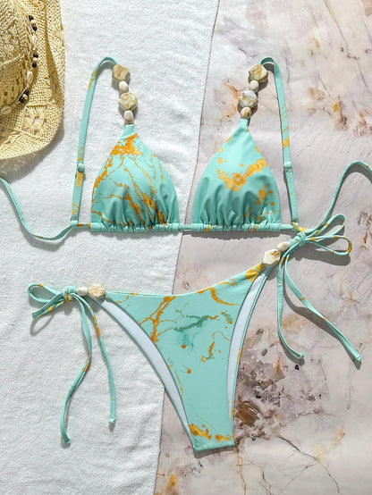 Swim Vcay 2026 New Women's Summer Beach Vacation Elegant Marble Print Beaded Spaghetti Strap Backless Sexy Bikini Set