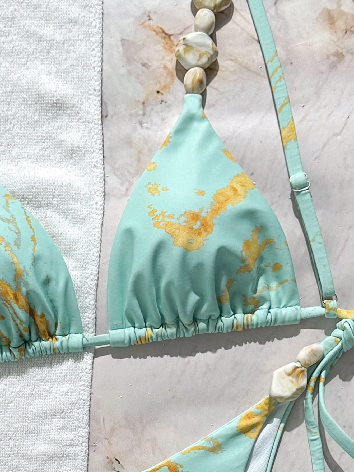 Swim Vcay 2026 New Women's Summer Beach Vacation Elegant Marble Print Beaded Spaghetti Strap Backless Sexy Bikini Set