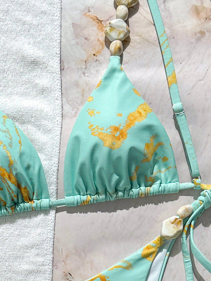Swim Vcay 2026 New Women's Summer Beach Vacation Elegant Marble Print Beaded Spaghetti Strap Backless Sexy Bikini Set