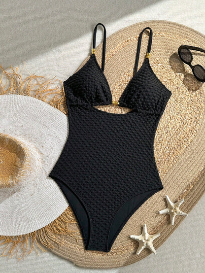Swim Vcay 2026 New Women's Summer Beach Vacation Solid Color Beaded Textured Fabric Gold Spaghetti Strap Hollow Triangle High Cut One-Piece Swimsuit