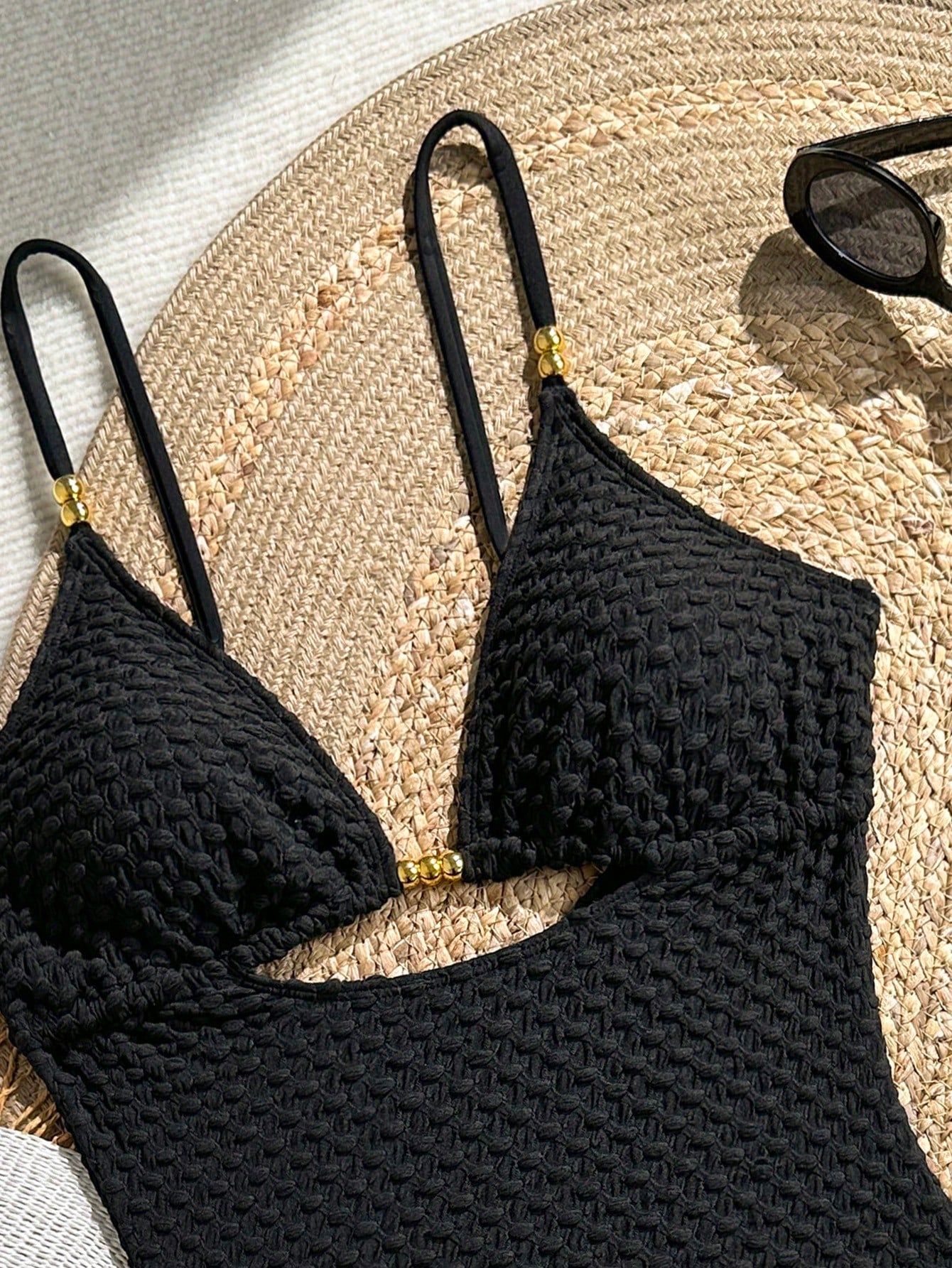 Swim Vcay 2026 New Women's Summer Beach Vacation Solid Color Beaded Textured Fabric Gold Spaghetti Strap Hollow Triangle High Cut One-Piece Swimsuit
