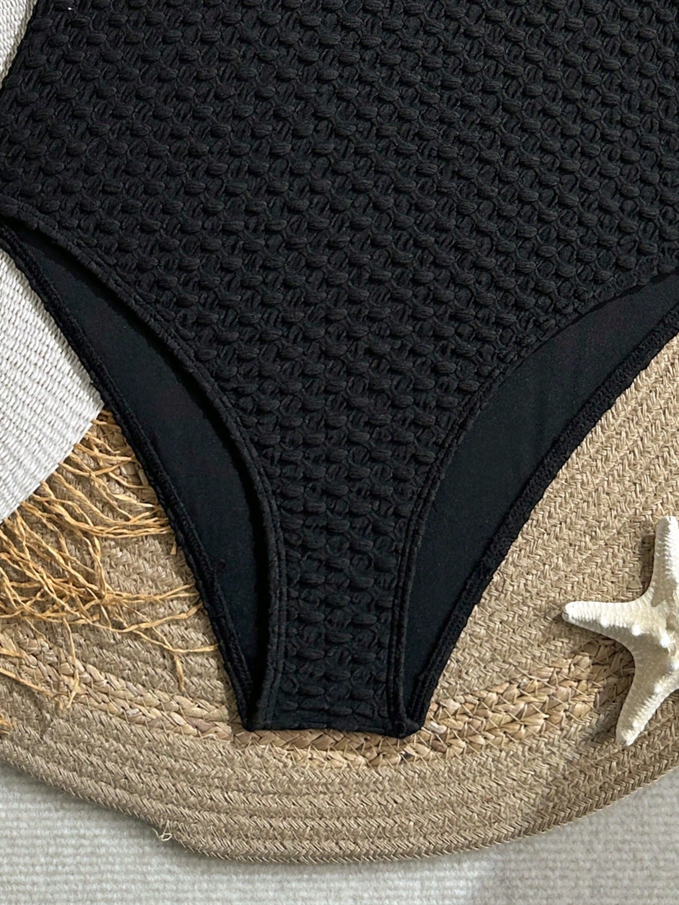 Swim Vcay 2026 New Women's Summer Beach Vacation Solid Color Beaded Textured Fabric Gold Spaghetti Strap Hollow Triangle High Cut One-Piece Swimsuit