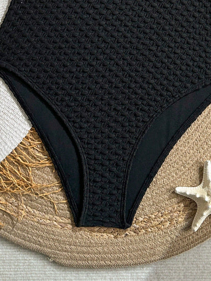 Swim Vcay 2026 New Women's Summer Beach Vacation Solid Color Beaded Textured Fabric Gold Spaghetti Strap Hollow Triangle High Cut One-Piece Swimsuit