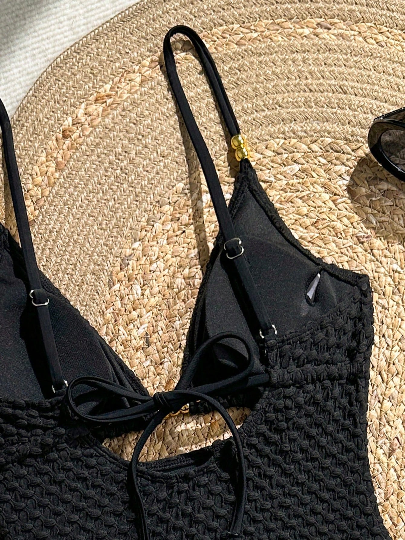 Swim Vcay 2026 New Women's Summer Beach Vacation Solid Color Beaded Textured Fabric Gold Spaghetti Strap Hollow Triangle High Cut One-Piece Swimsuit