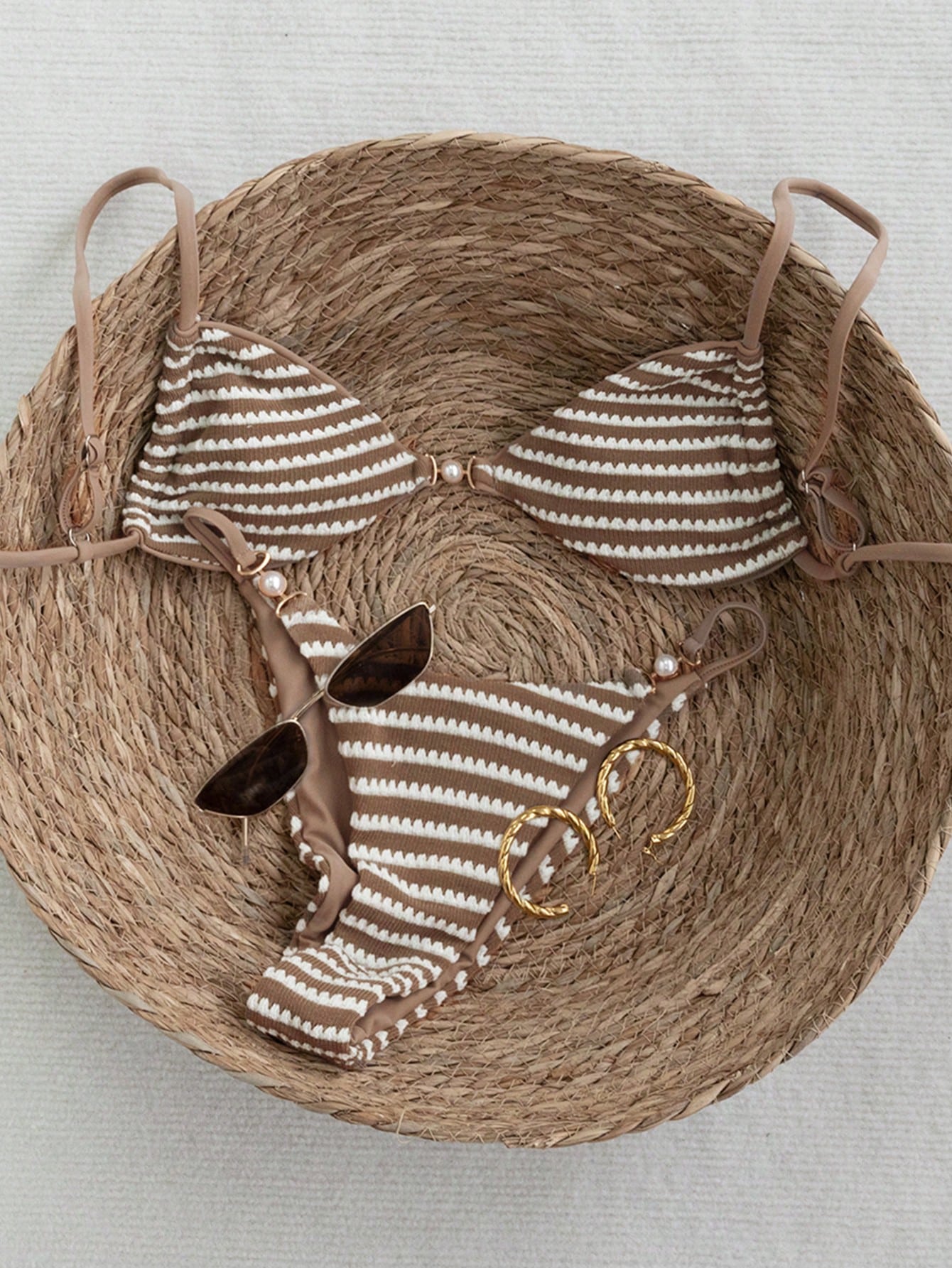 Swim Vcay 2026 Spring/Summer Adjustable Strap Crochet Fabric Pearlescent Accent Bikini Set, Backless Side High Cut Two Pieces Swimwear For Women