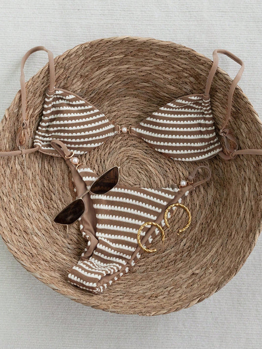 Swim Vcay 2026 Spring/Summer Adjustable Strap Crochet Fabric Pearlescent Accent Bikini Set, Backless Side High Cut Two Pieces Swimwear For Women
