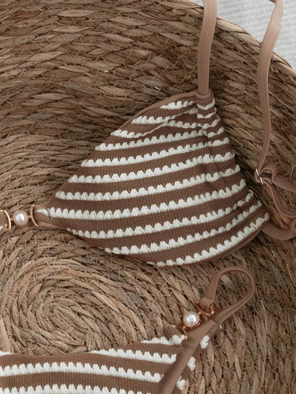 Swim Vcay 2026 Spring/Summer Adjustable Strap Crochet Fabric Pearlescent Accent Bikini Set, Backless Side High Cut Two Pieces Swimwear For Women