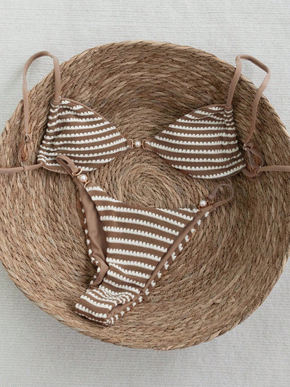 Swim Vcay 2026 Spring/Summer Adjustable Strap Crochet Fabric Pearlescent Accent Bikini Set, Backless Side High Cut Two Pieces Swimwear For Women