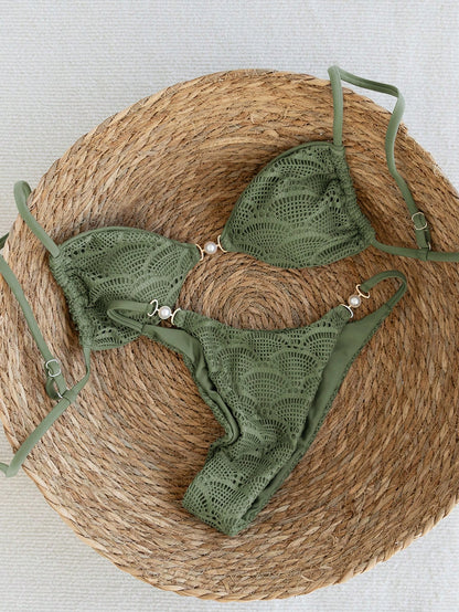 Swim Vcay 2026 Spring/Summer Adjustable Strap Crochet Fabric Pearlescent Accent Bikini Set, Backless Side High Cut Two Pieces Swimwear For Women