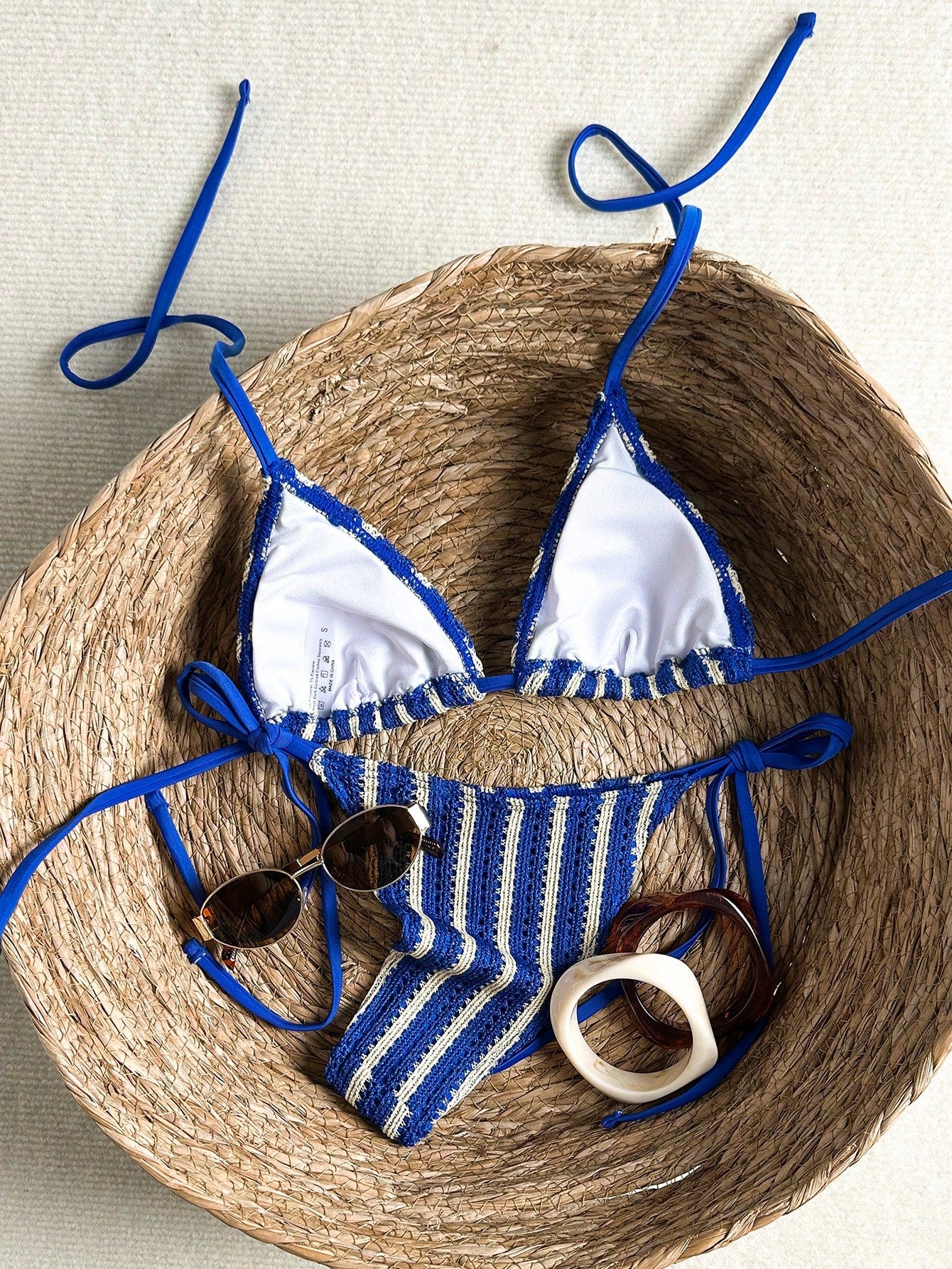 Swim Vcay 2026 Spring/Summer Blue Crochet Textured Fabric Spaghetti Strap Halter Tie Side High Cut Tie String Bikini Swimwear For Women, Vacation Style, Suitable For Beach Photos And Holiday
