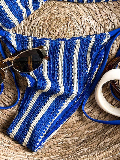 Swim Vcay 2026 Spring/Summer Blue Crochet Textured Fabric Spaghetti Strap Halter Tie Side High Cut Tie String Bikini Swimwear For Women, Vacation Style, Suitable For Beach Photos And Holiday
