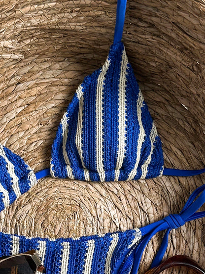 Swim Vcay 2026 Spring/Summer Blue Crochet Textured Fabric Spaghetti Strap Halter Tie Side High Cut Tie String Bikini Swimwear For Women, Vacation Style, Suitable For Beach Photos And Holiday