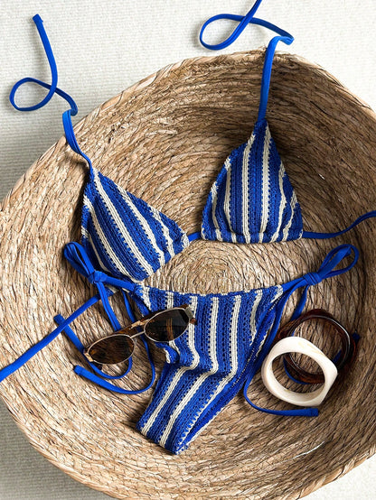 Swim Vcay 2026 Spring/Summer Blue Crochet Textured Fabric Spaghetti Strap Halter Tie Side High Cut Tie String Bikini Swimwear For Women, Vacation Style, Suitable For Beach Photos And Holiday