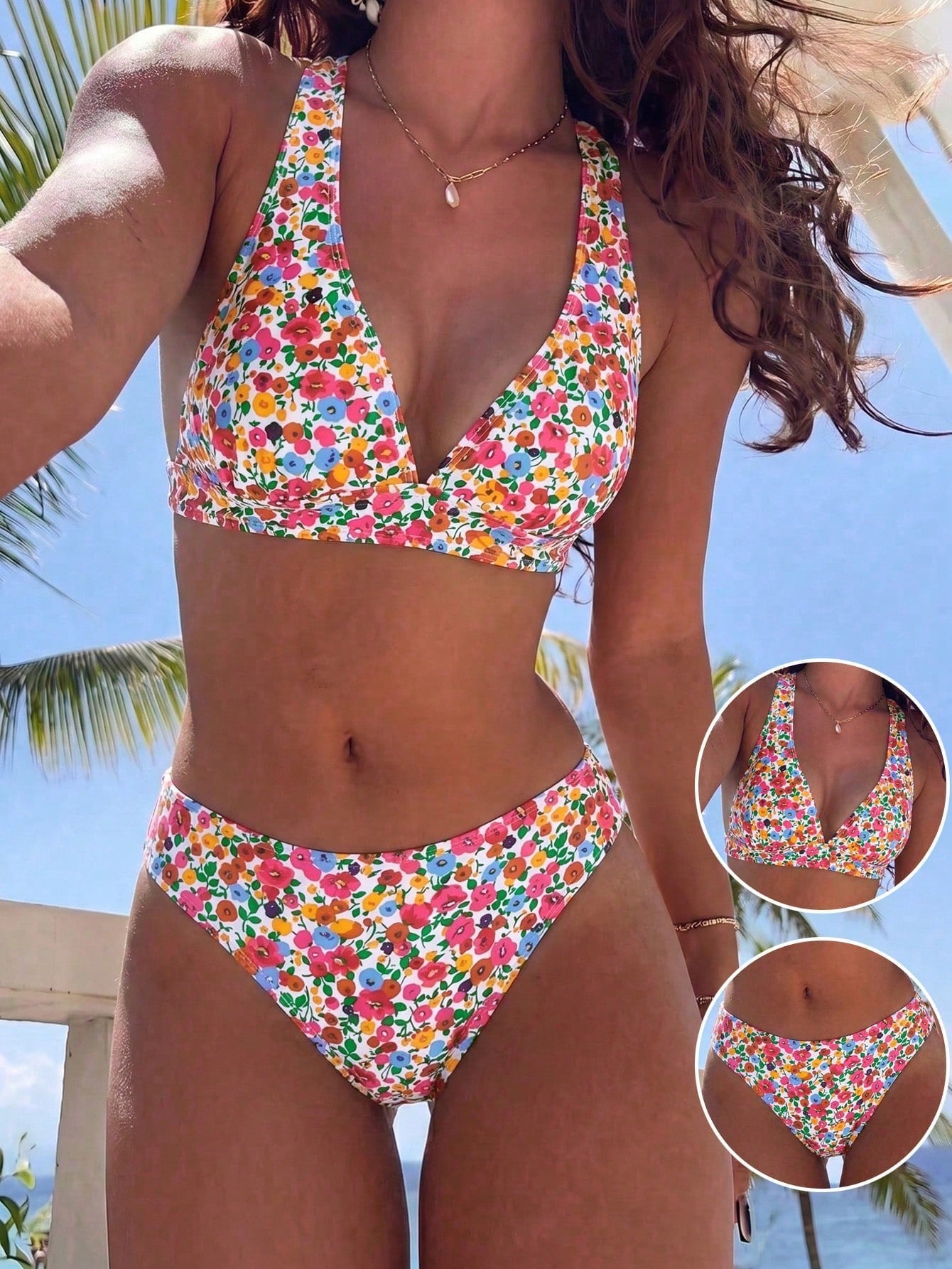 Swim Vcay 2026 Spring/Summer Blue Floral Ruched Waist Cross Back Strap High Cut Sexy Bikini For Women, Suitable For Beach, Pool And Seaside