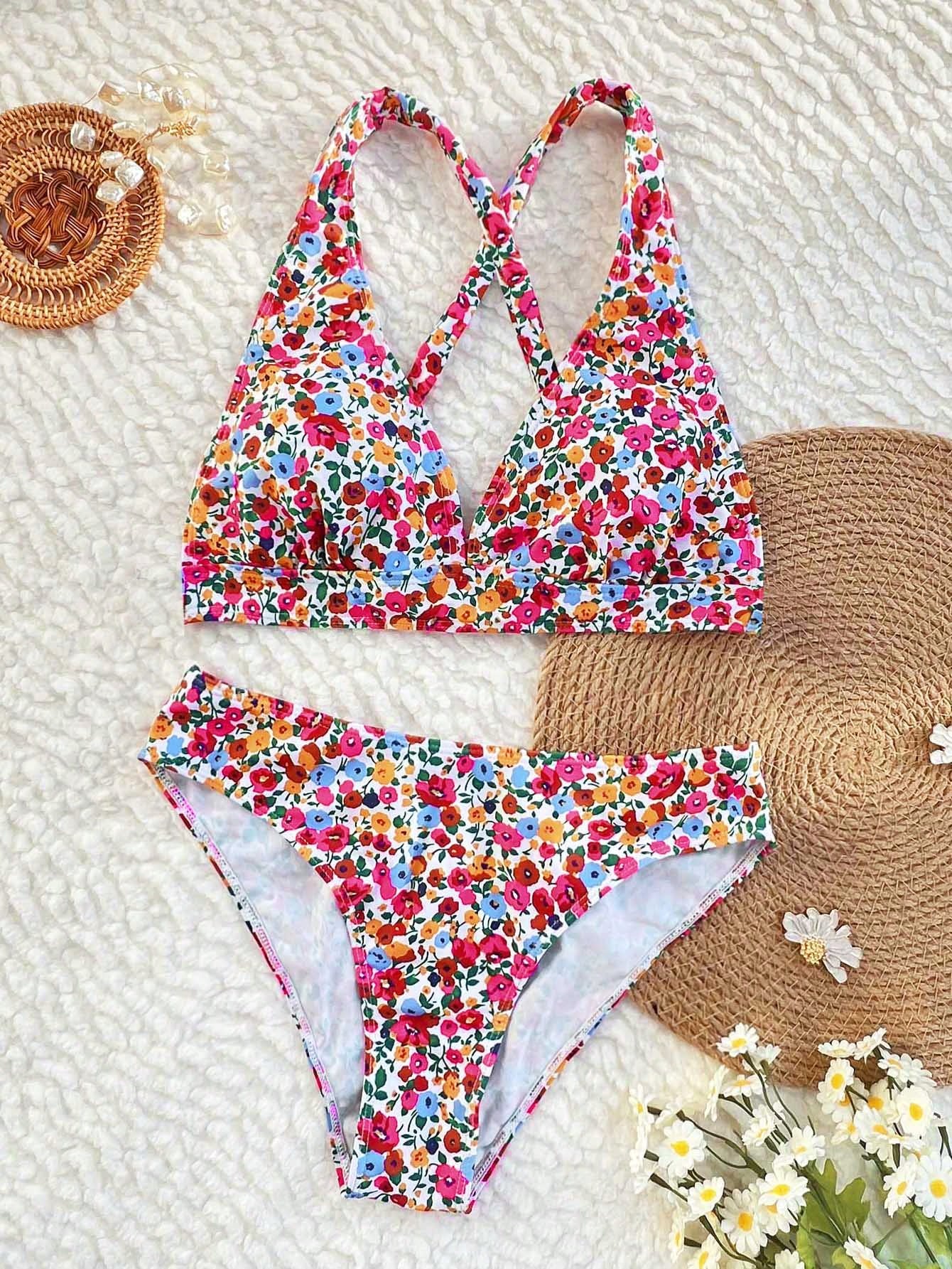 Swim Vcay 2026 Spring/Summer Blue Floral Ruched Waist Cross Back Strap High Cut Sexy Bikini For Women, Suitable For Beach, Pool And Seaside