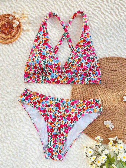 Swim Vcay 2026 Spring/Summer Blue Floral Ruched Waist Cross Back Strap High Cut Sexy Bikini For Women, Suitable For Beach, Pool And Seaside