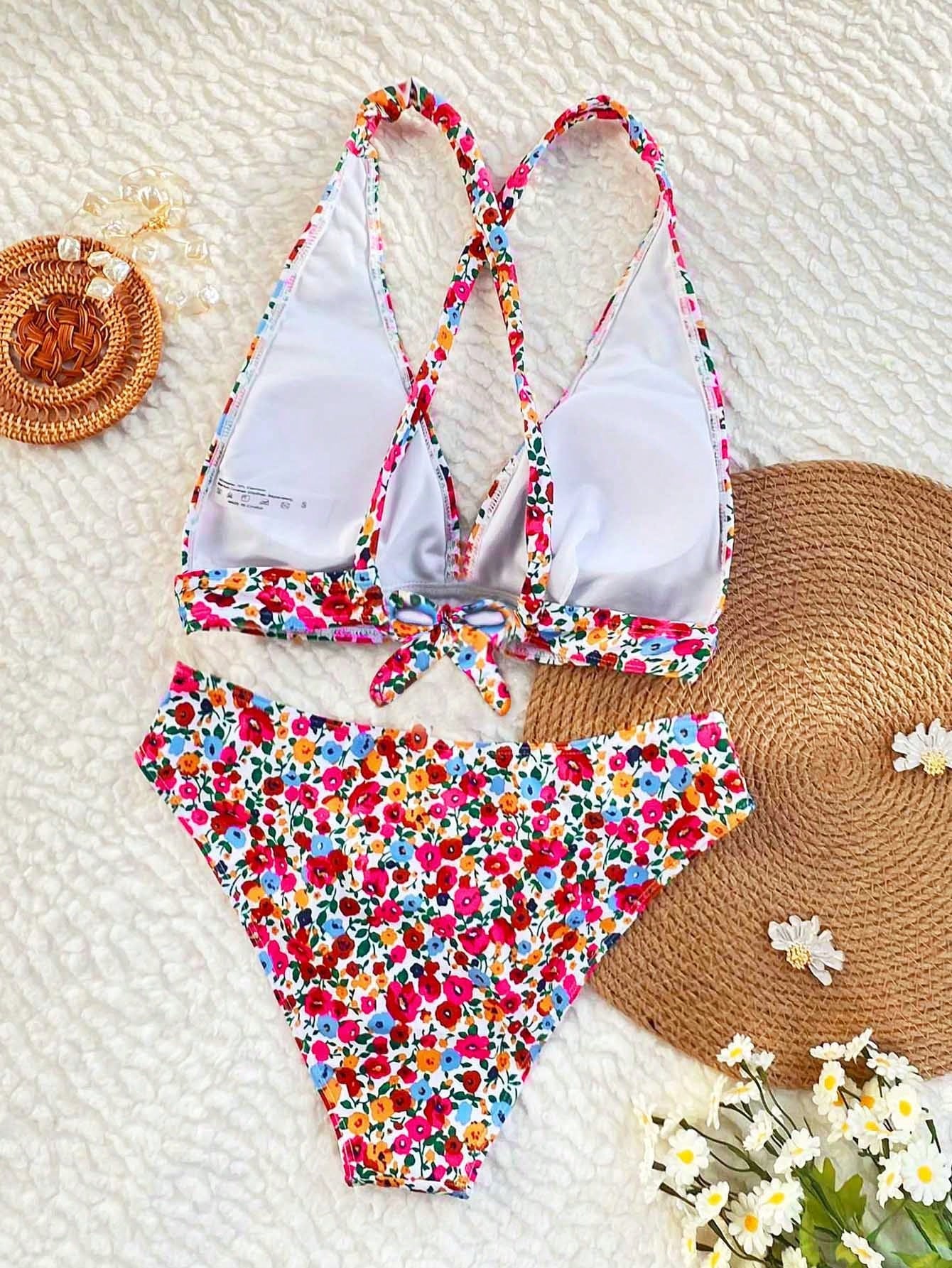 Swim Vcay 2026 Spring/Summer Blue Floral Ruched Waist Cross Back Strap High Cut Sexy Bikini For Women, Suitable For Beach, Pool And Seaside