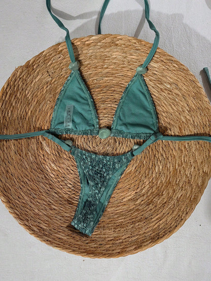Swim Vcay 2026 Spring/Summer Green Textured Fabric Beaded Spaghetti Strap Side High Cut Lace-Up Bikini 2 Pieces Swimwear For Women