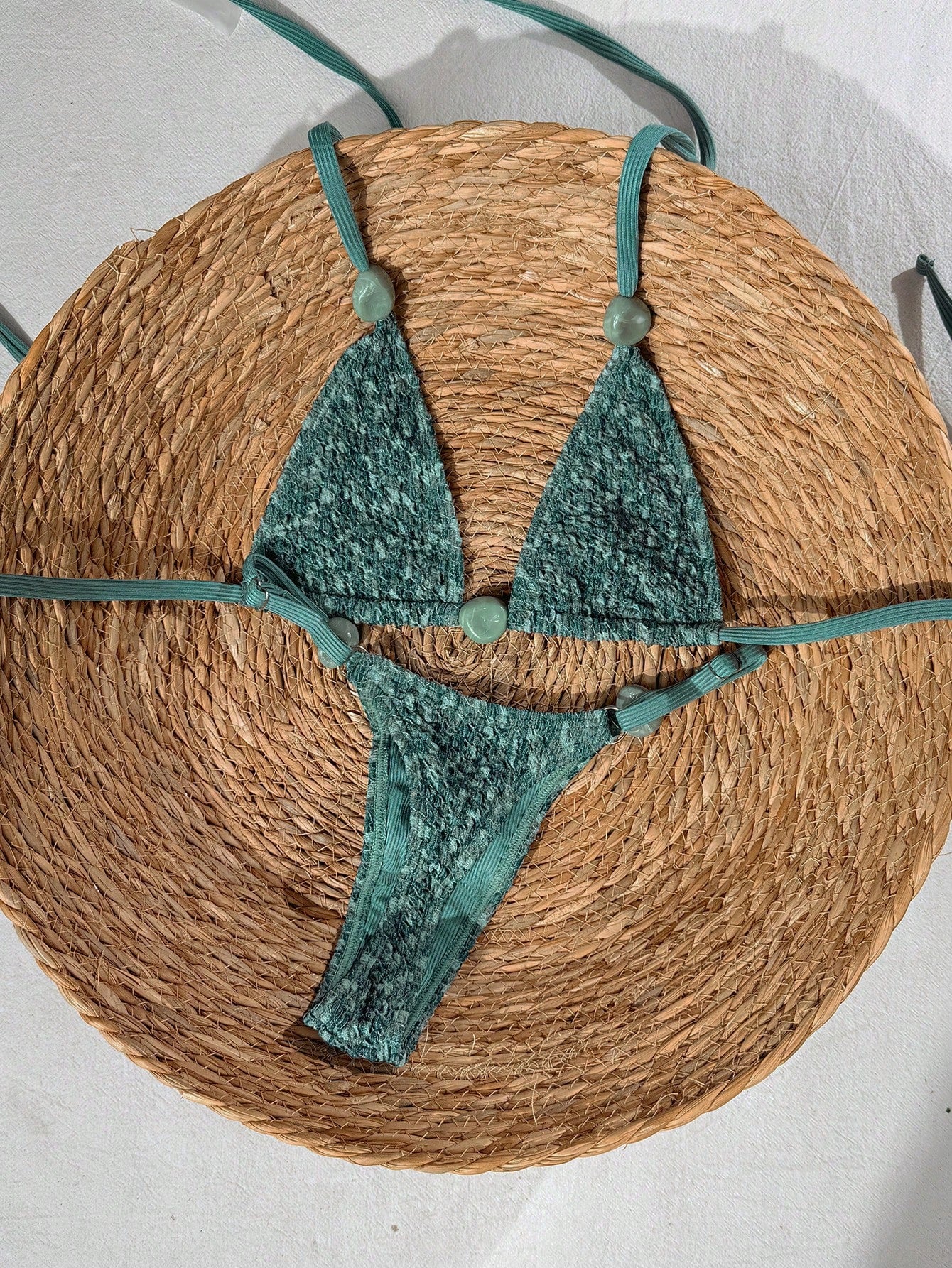 Swim Vcay 2026 Spring/Summer Green Textured Fabric Beaded Spaghetti Strap Side High Cut Lace-Up Bikini 2 Pieces Swimwear For Women