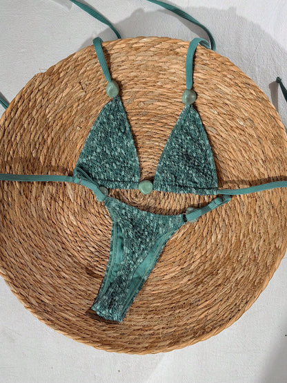 Swim Vcay 2026 Spring/Summer Green Textured Fabric Beaded Spaghetti Strap Side High Cut Lace-Up Bikini 2 Pieces Swimwear For Women