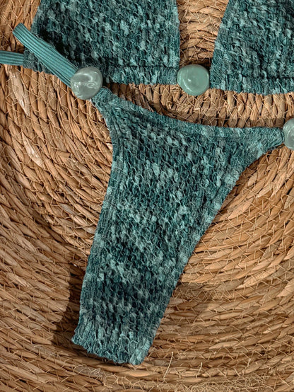 Swim Vcay 2026 Spring/Summer Green Textured Fabric Beaded Spaghetti Strap Side High Cut Lace-Up Bikini 2 Pieces Swimwear For Women