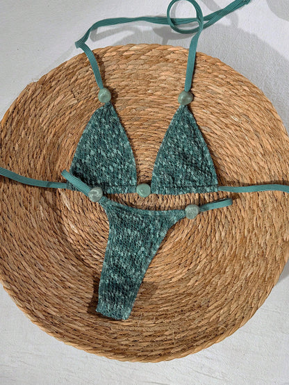 Swim Vcay 2026 Spring/Summer Green Textured Fabric Beaded Spaghetti Strap Side High Cut Lace-Up Bikini 2 Pieces Swimwear For Women