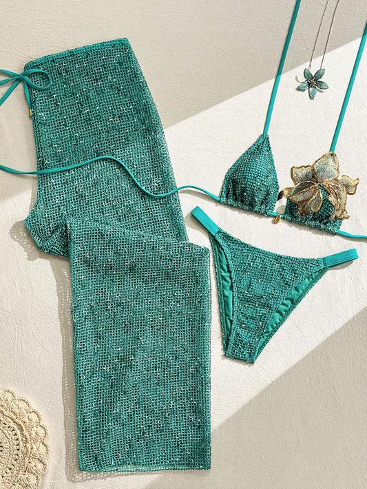 Swim Vcay 2026 Spring/Summer New Women's Lake Green Shiny Crochet 3-Piece Swimsuit Set, 3D Large Flower Halter Bikini, High-Cut Triangle Bottom, Side Tie Hollow Long Skirt, Island Vacation Beach Swimw