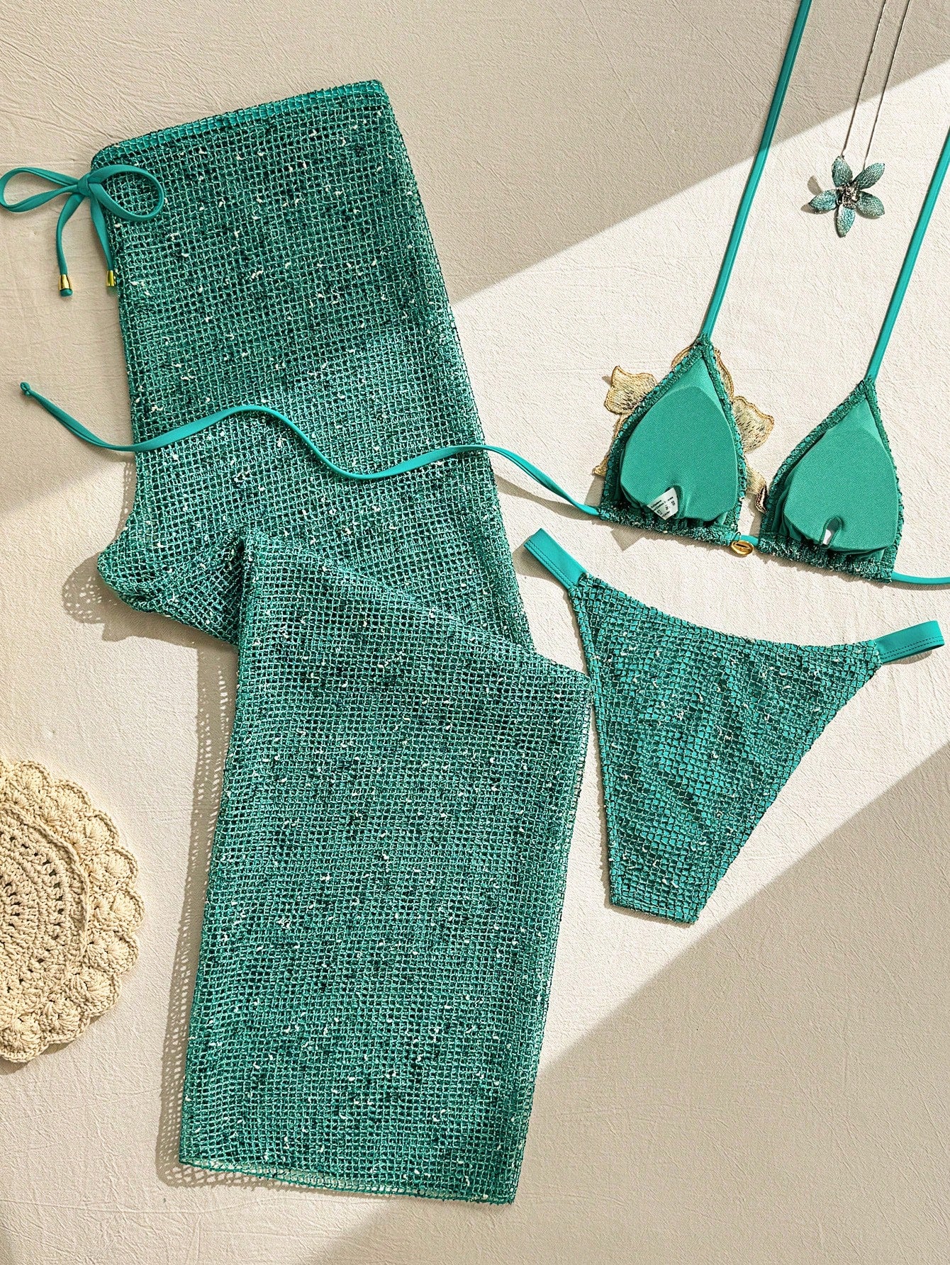 Swim Vcay 2026 Spring/Summer New Women's Lake Green Shiny Crochet 3-Piece Swimsuit Set, 3D Large Flower Halter Bikini, High-Cut Triangle Bottom, Side Tie Hollow Long Skirt, Island Vacation Beach Swimw