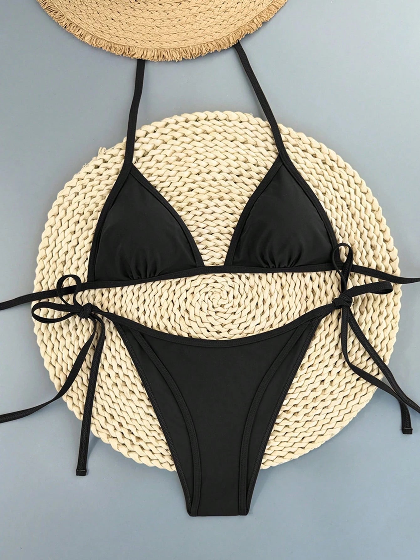 Swim Vcay 2026 Spring/Summer Women's Bikini Swimsuit, Thin Strap Halter Neck, Blue And White Color Block, Sexy Vacation Style, Side Tie, Thong Bottom, Two-Piece Swimwear