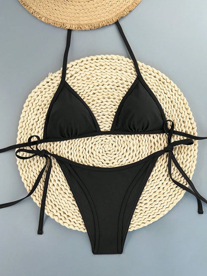 Swim Vcay 2026 Spring/Summer Women's Bikini Swimsuit, Thin Strap Halter Neck, Blue And White Color Block, Sexy Vacation Style, Side Tie, Thong Bottom, Two-Piece Swimwear