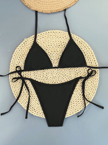 Swim Vcay 2026 Spring/Summer Women's Bikini Swimsuit, Thin Strap Halter Neck, Blue And White Color Block, Sexy Vacation Style, Side Tie, Thong Bottom, Two-Piece Swimwear