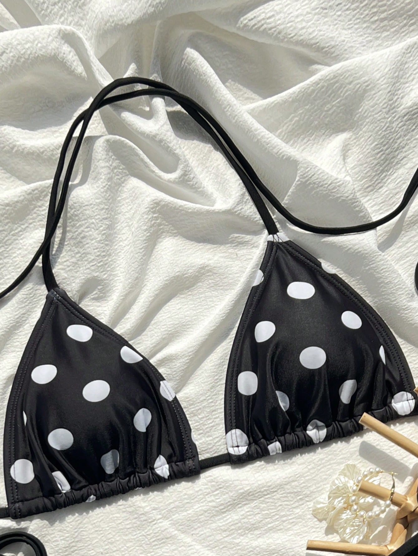 Swim Vcay 2026 Spring/Summer Women's Spaghetti Strap Halter Neck Black With White Polka Dot Random Print Sweet Cute Side Tie String Thong Bikini Swimwear Two Pieces Set