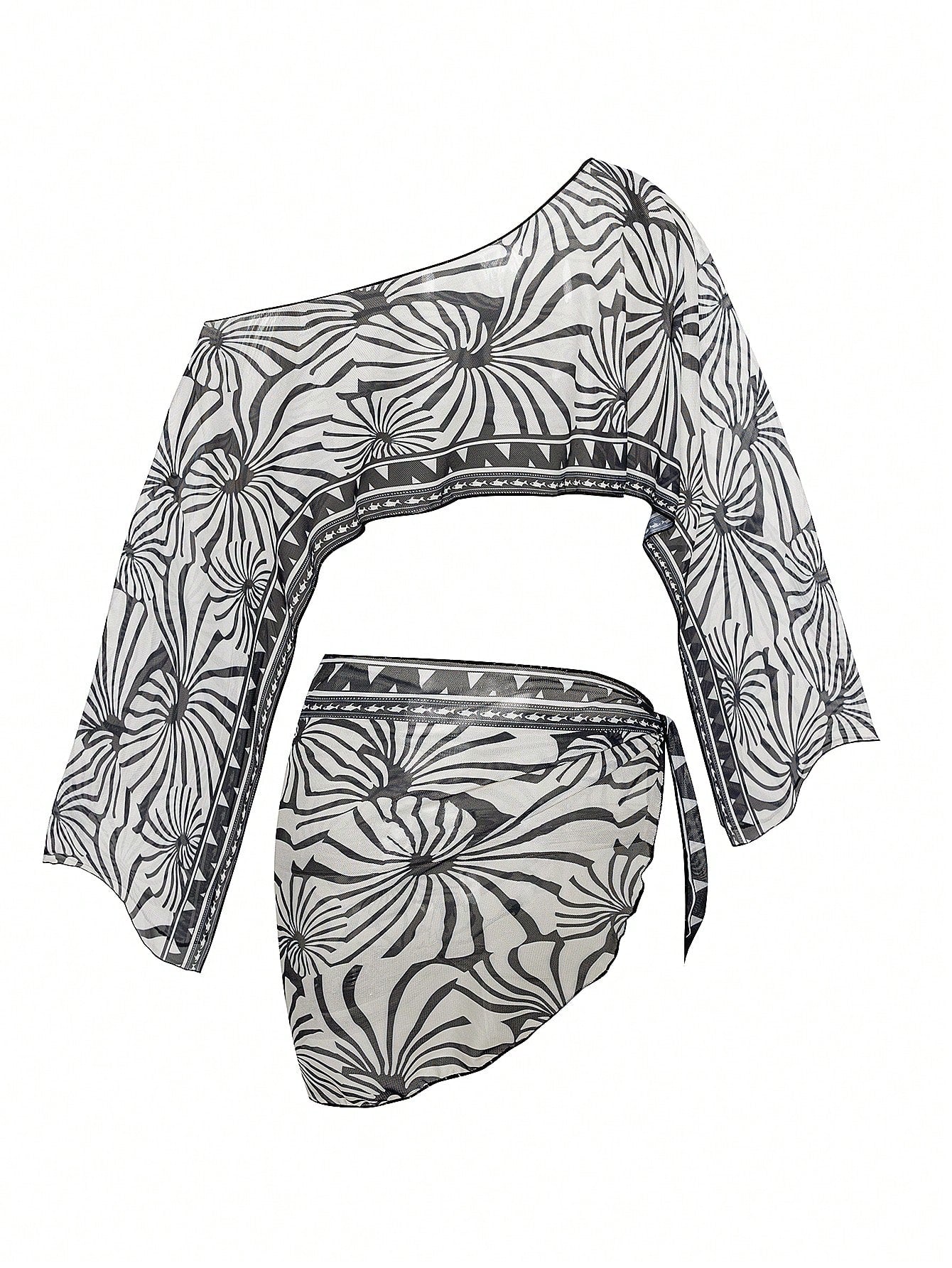 Swim Vcay 2pcs Black & White Floral Print Long Sleeve Swimsuit Cover Up Set,Beige,Summer,Boho,Boat Trip,Holiday,Holiday Women Resort Vacation Bikinis Outfit
