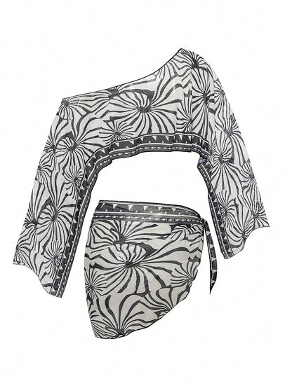 Swim Vcay 2pcs Black & White Floral Print Long Sleeve Swimsuit Cover Up Set,Beige,Summer,Boho,Boat Trip,Holiday,Holiday Women Resort Vacation Bikinis Outfit