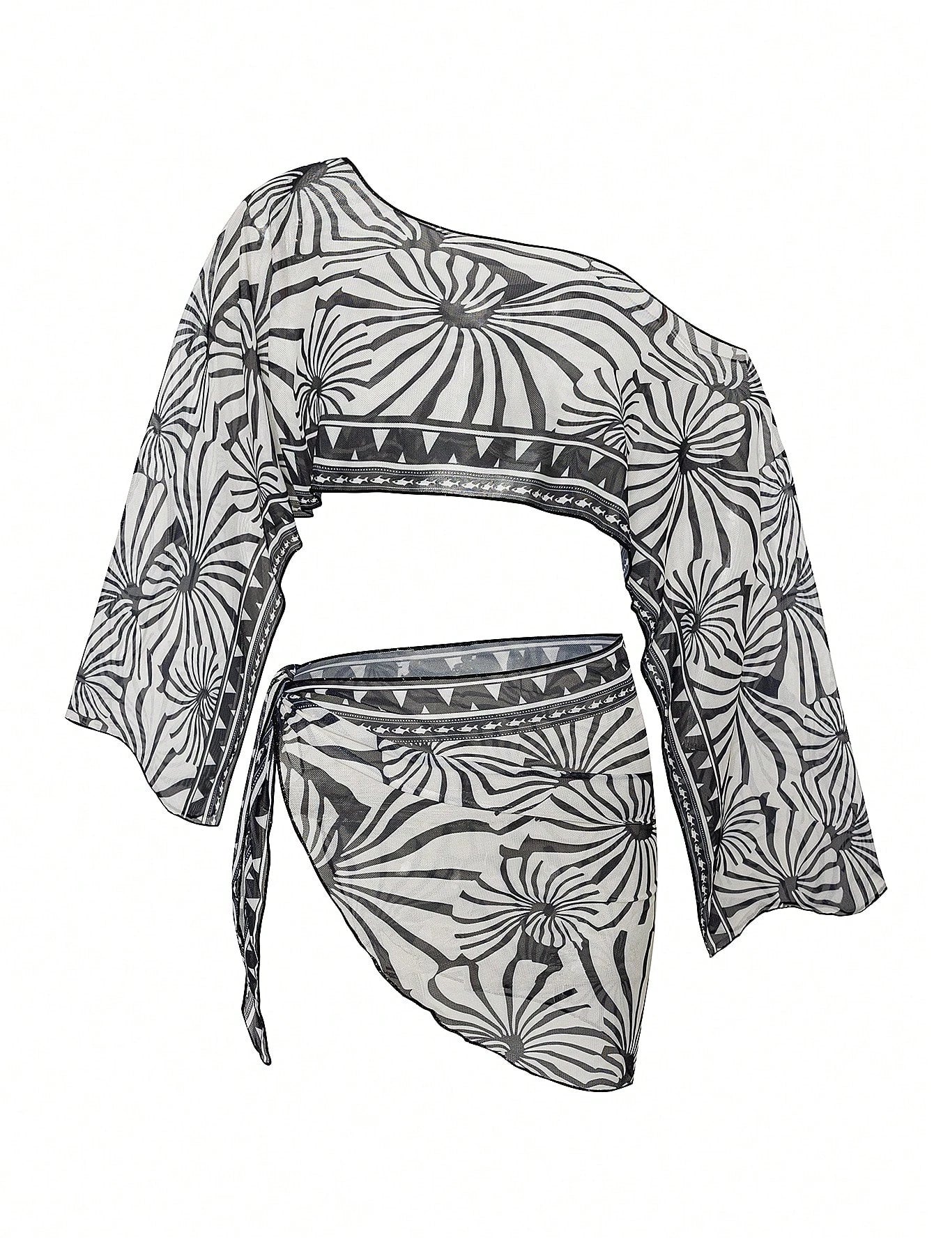 Swim Vcay 2pcs Black & White Floral Print Long Sleeve Swimsuit Cover Up Set,Beige,Summer,Boho,Boat Trip,Holiday,Holiday Women Resort Vacation Bikinis Outfit