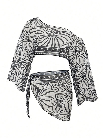 Swim Vcay 2pcs Black & White Floral Print Long Sleeve Swimsuit Cover Up Set,Beige,Summer,Boho,Boat Trip,Holiday,Holiday Women Resort Vacation Bikinis Outfit