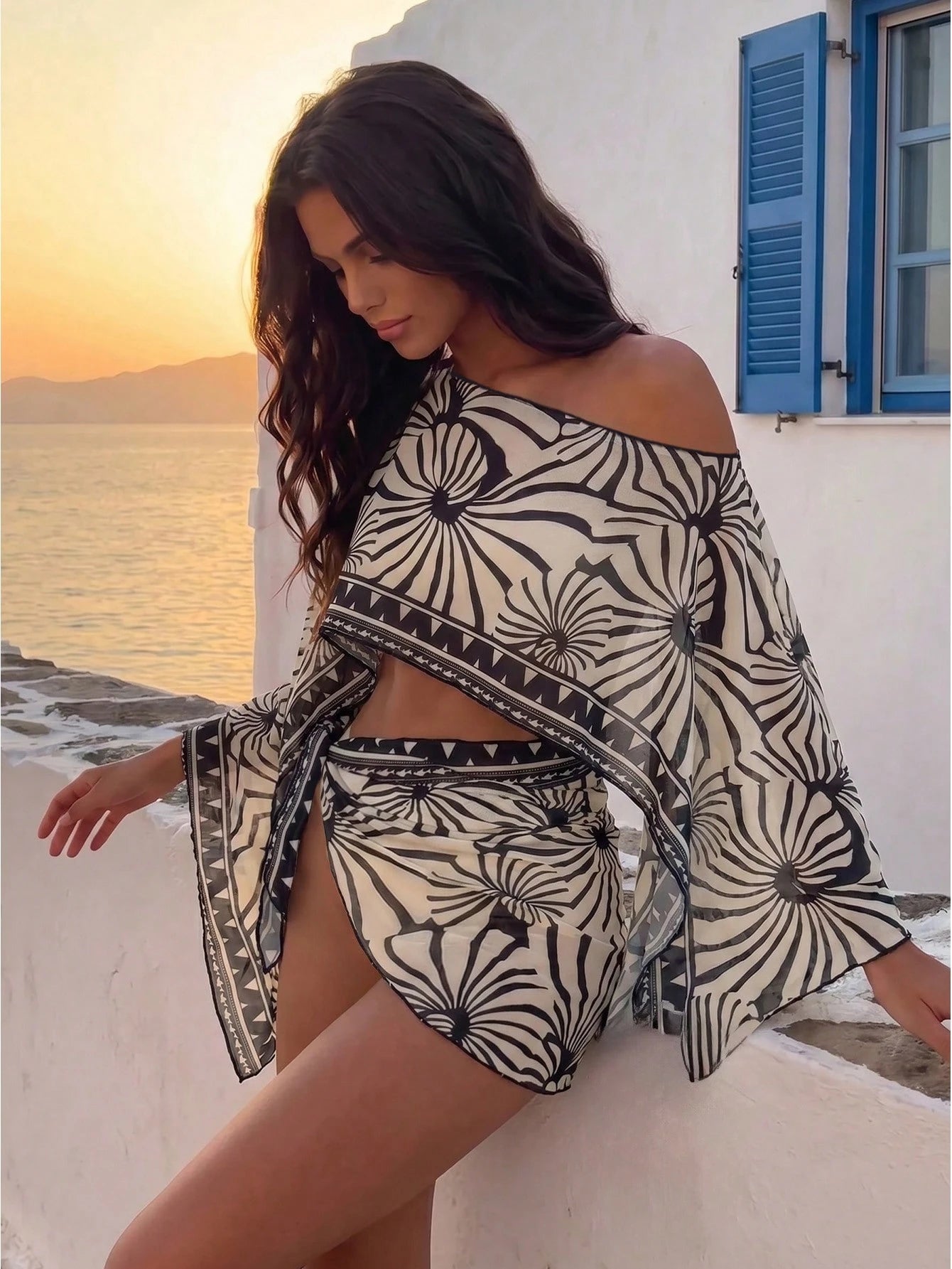 Swim Vcay 2pcs Black & White Floral Print Long Sleeve Swimsuit Cover Up Set,Beige,Summer,Boho,Boat Trip,Holiday,Holiday Women Resort Vacation Bikinis Outfit