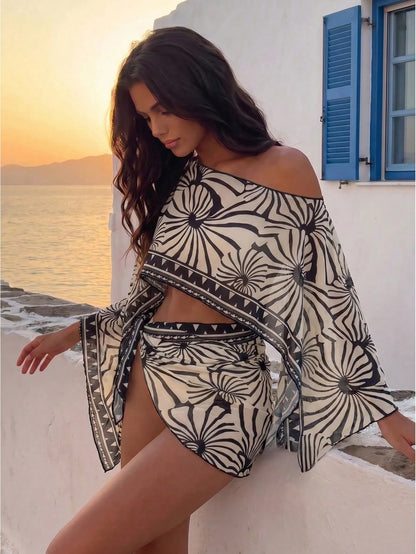 Swim Vcay 2pcs Black & White Floral Print Long Sleeve Swimsuit Cover Up Set,Beige,Summer,Boho,Boat Trip,Holiday,Holiday Women Resort Vacation Bikinis Outfit