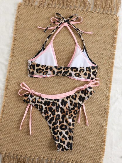 Swim Vcay 2pcs Leopard Print Layered Swimwear, Sexy Vacation Style Swimwear For Summer Beach Holiday