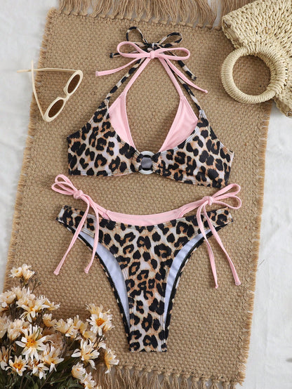 Swim Vcay 2pcs Leopard Print Layered Swimwear, Sexy Vacation Style Swimwear For Summer Beach Holiday