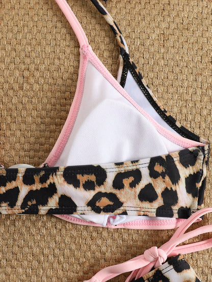 Swim Vcay 2pcs Leopard Print Layered Swimwear, Sexy Vacation Style Swimwear For Summer Beach Holiday