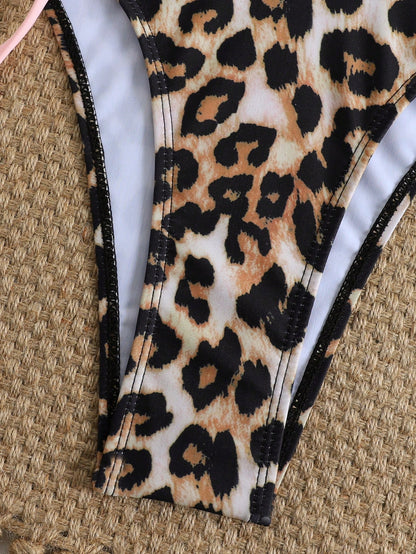 Swim Vcay 2pcs Leopard Print Layered Swimwear, Sexy Vacation Style Swimwear For Summer Beach Holiday