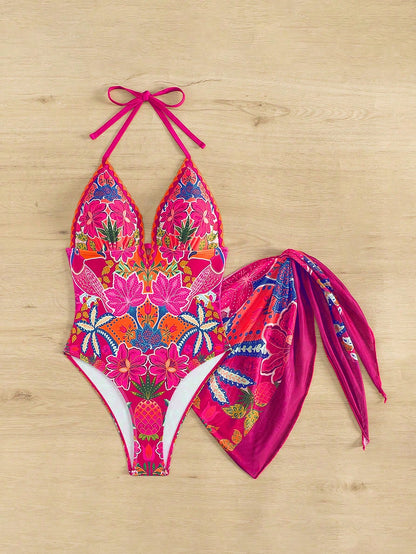 Swim Vcay 2pcs/Set 2025 Exclusive Pink And Orange Floral Printed Deep V-Neck Halter Backless One-Piece Swimsuit & Scarf Wrap Skirt,Summer Boho Beach Holiday