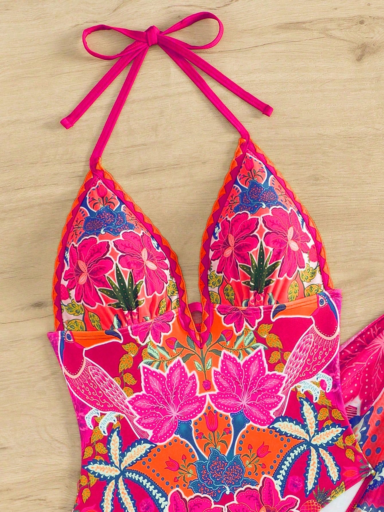 Swim Vcay 2pcs/Set 2025 Exclusive Pink And Orange Floral Printed Deep V-Neck Halter Backless One-Piece Swimsuit & Scarf Wrap Skirt,Summer Boho Beach Holiday