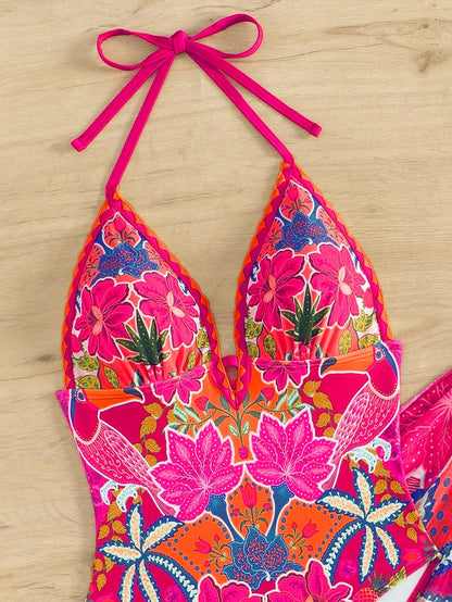 Swim Vcay 2pcs/Set 2025 Exclusive Pink And Orange Floral Printed Deep V-Neck Halter Backless One-Piece Swimsuit & Scarf Wrap Skirt,Summer Boho Beach Holiday