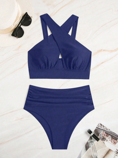 Swim Vcay 2pcs/Set Plain Cross Front Hollow Ruffle Trim Sexy Fashion Swimsuit Set For Summer Beach Vacation