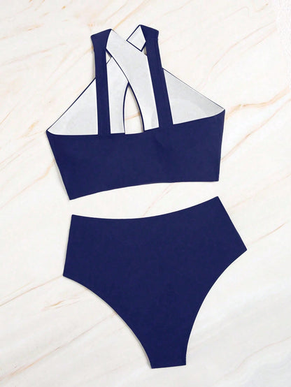 Swim Vcay 2pcs/Set Plain Cross Front Hollow Ruffle Trim Sexy Fashion Swimsuit Set For Summer Beach Vacation