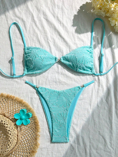 Swim Vcay 2pcs/Set Summer Vacation Textured Fabric, Spaghetti Strap Gold Decor Strapless Bra And Bikini Swimwear Set For Women, Sexy